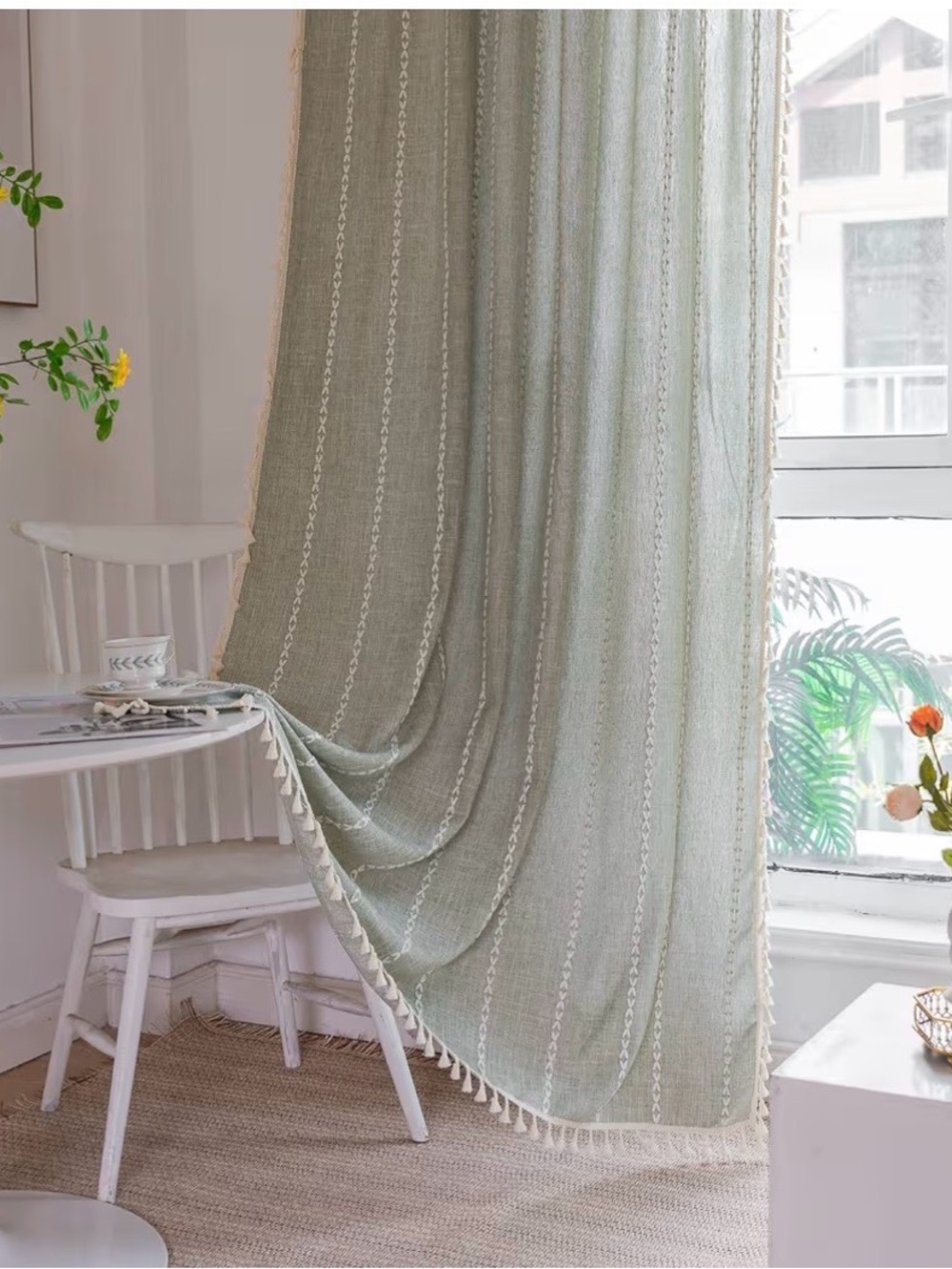 Sage Green Boho Farmhouse Curtains- 2 panels  96’’L x 55’’W